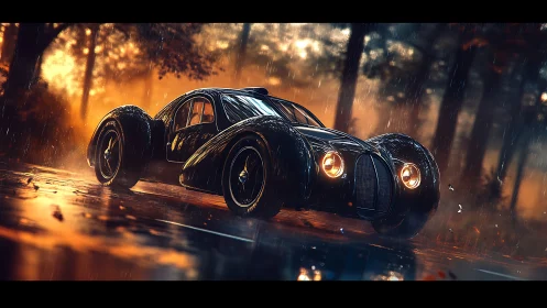 Rain-slicked retro supercar prowls through ember-lit forest