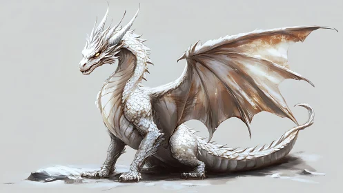 White scaled dragon resting on pale ground in profile view.