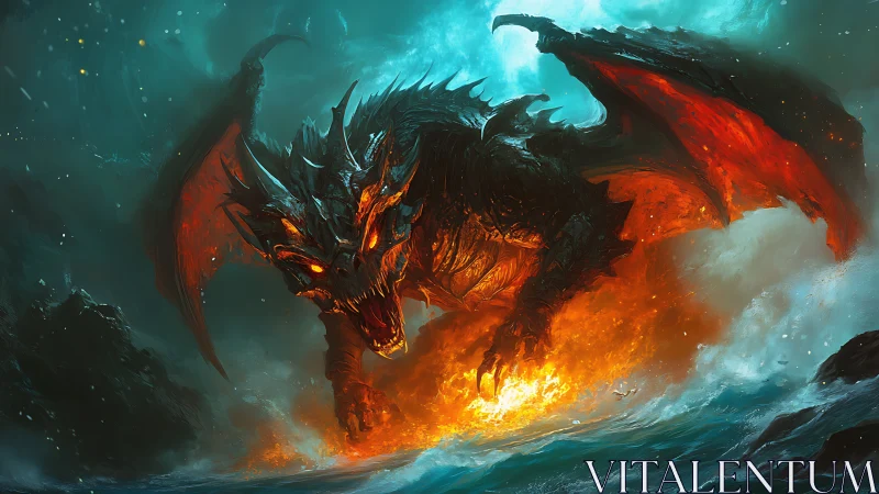 Fire-breathing lava dragon erupting from stormy sea.