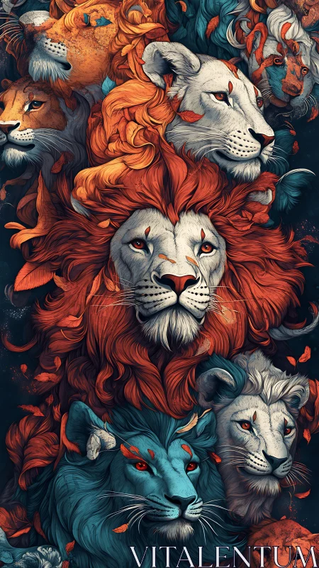 Multifaceted Feline Portraiture: Layered Lion Heads with Chromatic Contrast.