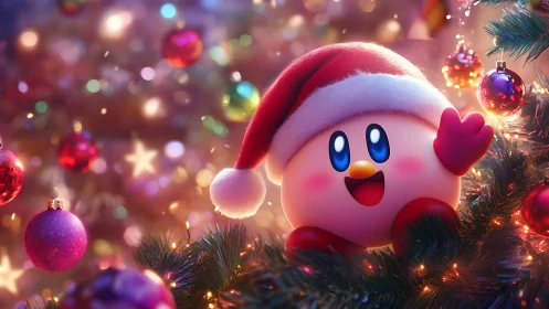 Kirby character sits among Christmas ornaments and lights