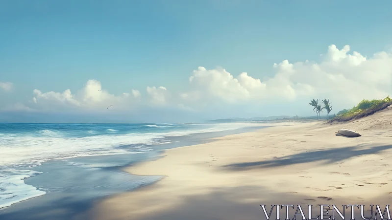 Wide sandy shoreline with calm waves and distant palms.
