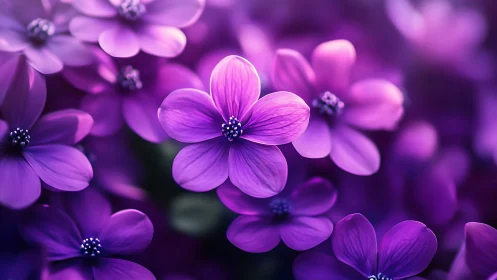 Vivid purple petals bloom in soft-focus floral arrangement.