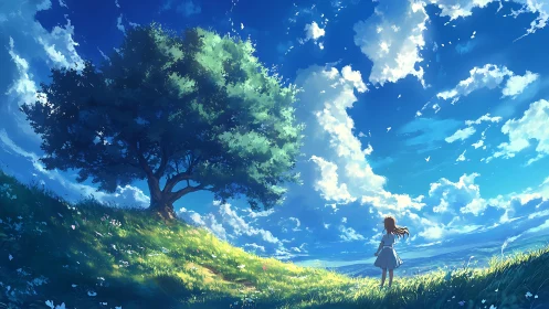 Girl on grassy hillside under large tree and clouded sky.