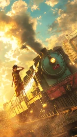 Woman standing on moving steam locomotive at sunset.