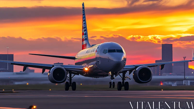 Commercial jet taxis on illuminated runway at sunset
