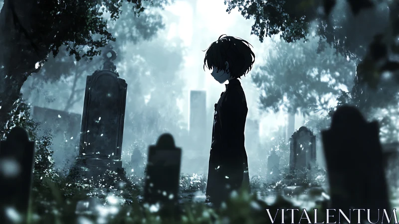 Solitary anime boy stands in misty graveyard at dawn.