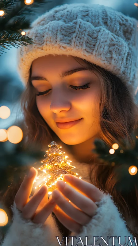 Winter portrait with girl holding glowing mini Christmas tree.