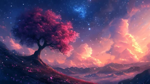 Pink tree on hill under vivid starry sunset sky.