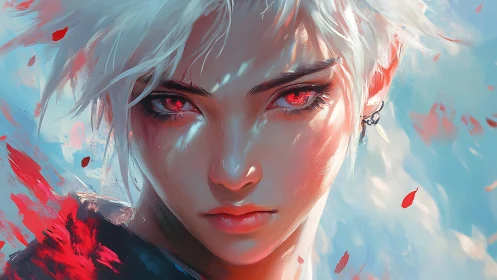 White haired warrior with burning red eyes in motion