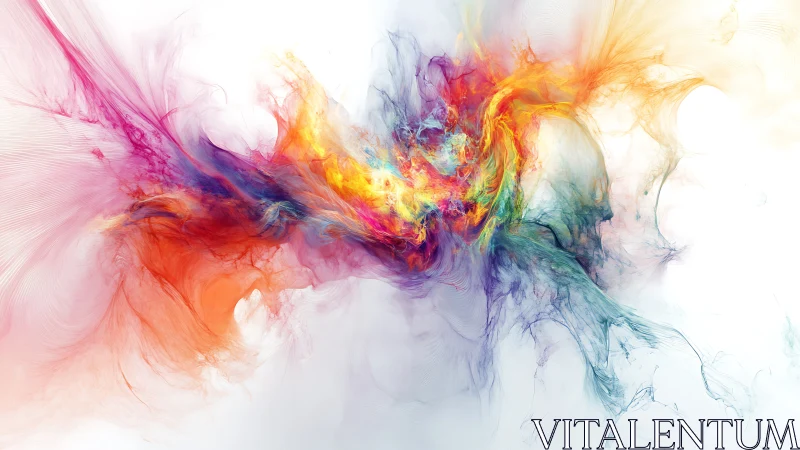 Multicolor abstract plume across white negative space field.