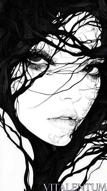 Ink-tangled roots gently rewrite the contours of her face
