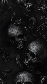 Moody skulls and swirling shadows in dark gothic harmony.