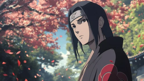 Quiet warrior beneath drifting cherry blossoms at dusk.