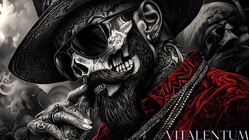 Skull-faced dandy savors midnight jazz in crimson threads