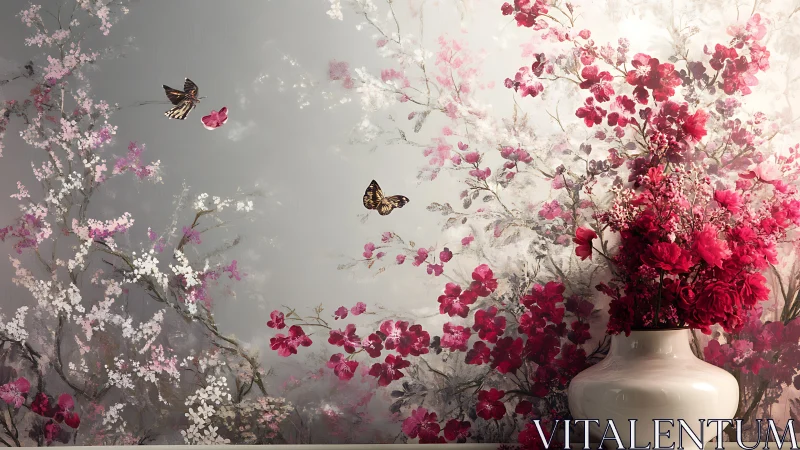 Floral wall mural with delicate pink and crimson flowers releasing butterflies