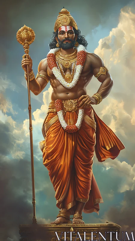 Divine warrior deity in orange robes against luminous sky.