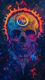Cosmic skull hums quietly beneath a burning neon eclipse