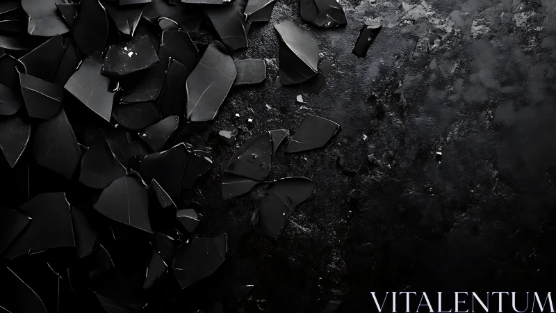 Broken black ceramic shards on textured dark surface.