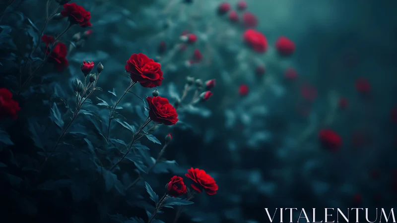 Red Roses in Teal Twilight Garden