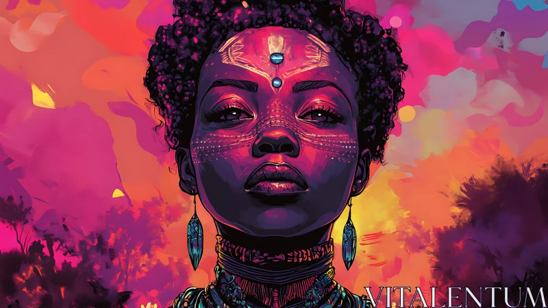 Vibrant digital portrait with neon tribal accents and aura glow.