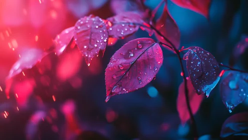 Bioluminescent raindrops articulate neon-lit foliage surfaces