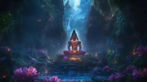 Luminescent meditating deity in bioluminescent jungle grotto