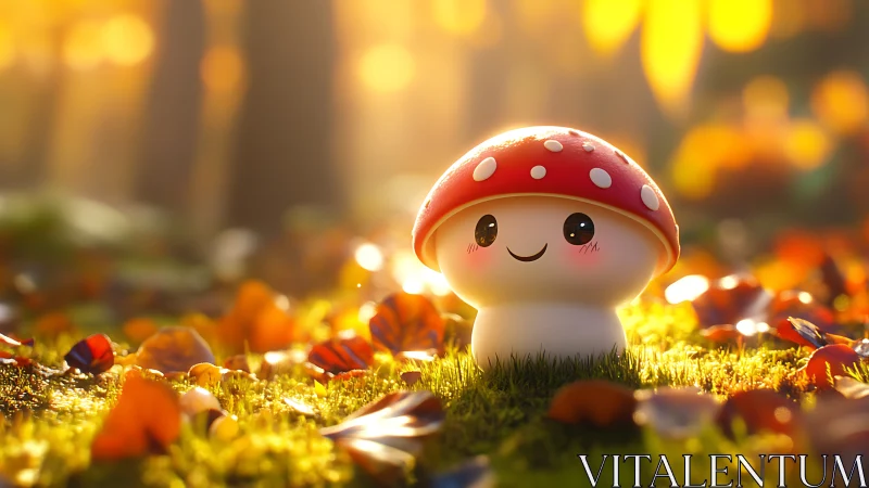 Soft-lit stylized mushroom character under warm autumn backlight