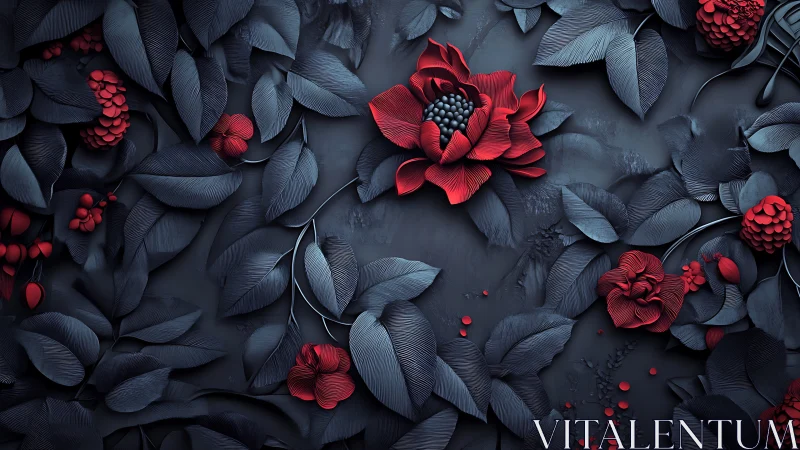 Crimson flowers emerge across sculpted charcoal foliage