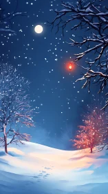 Moonlit winter path with red lantern and soft snow trails