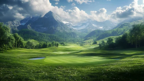 Sunlit alpine golf course amid dramatic mountain peaks.