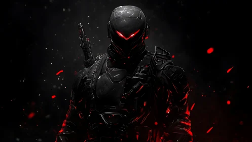 Armored cybernetic soldier emerges in red-lit tactical darkness