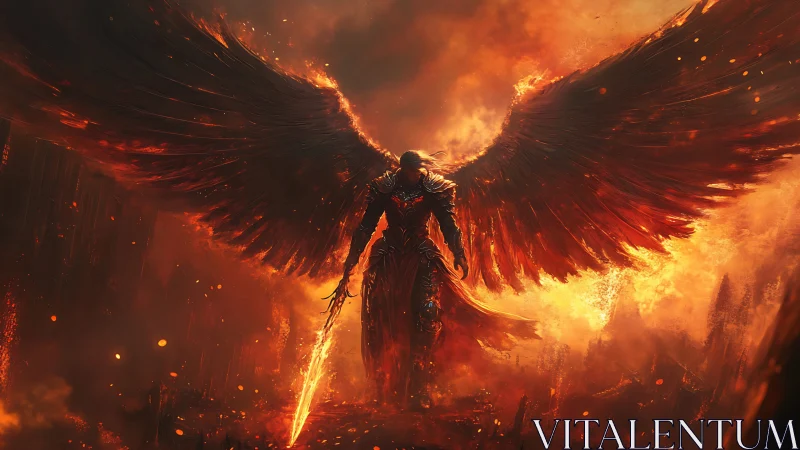 Fallen ember seraph strides through molten dusk inferno.