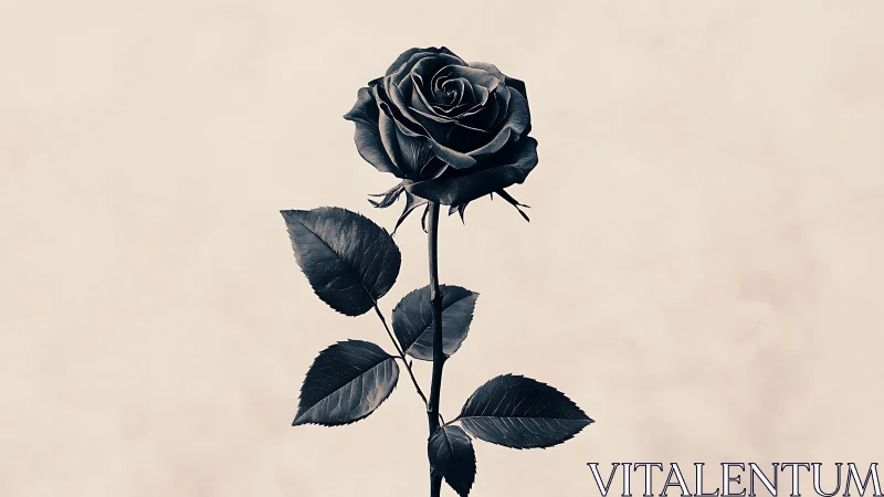 Monochrome rose stem with leaves on plain neutral ground.