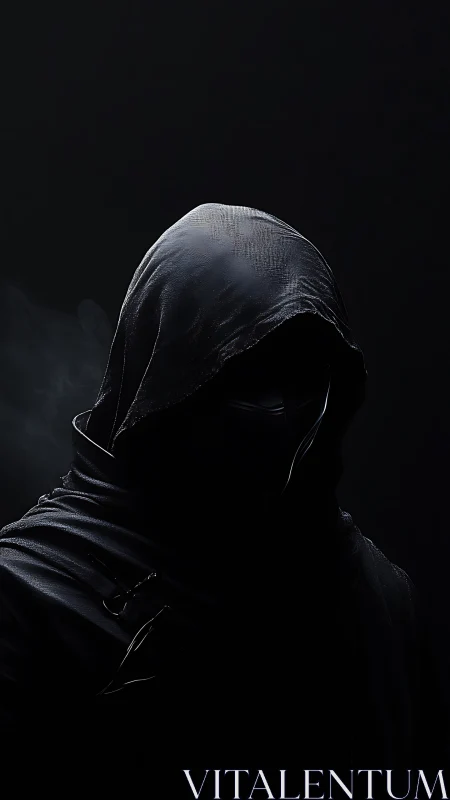 Shadowed hooded figure steps quietly from the darkness