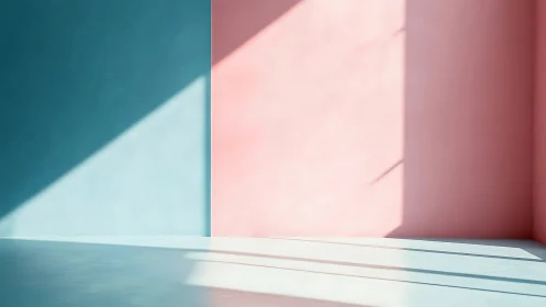 Minimalist pastel room with sharp diagonal sunlight geometry.