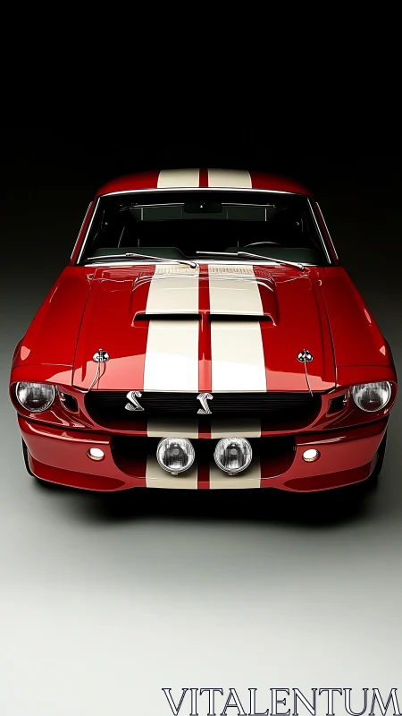 Front-view studio portrait of red Shelby-style muscle car