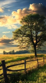 Solitary tree stands by wooden fence in rural field at dusk