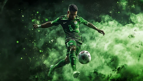 Dynamic footballer kicks ball amid swirling neon green smoke.