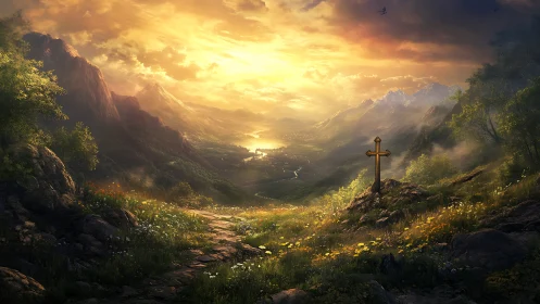 Golden valley at sunrise with solitary cross on hillside path