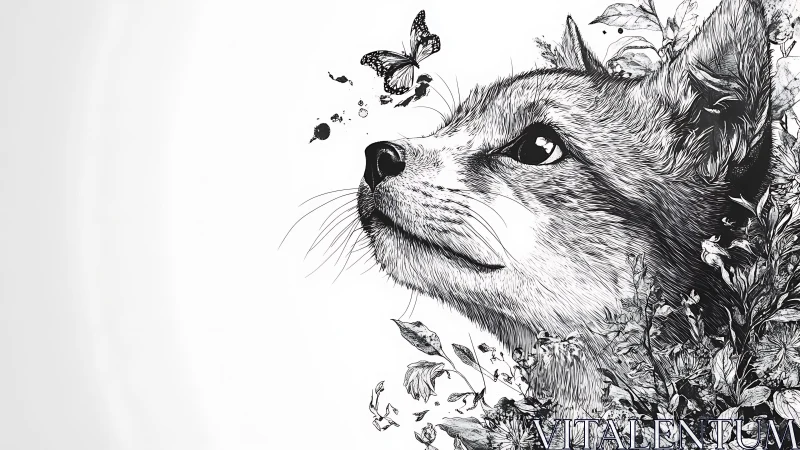 Curious fox gazes at butterfly in a dreamy floral sketch.