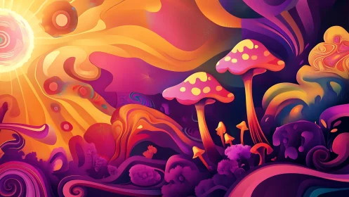 Radiant mushroom forest glows under swirling neon sunlight