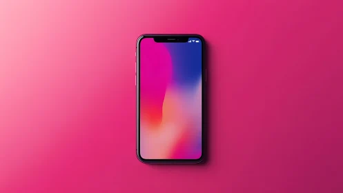 Contemporary Smartphone Display With Vibrant Gradient Wallpaper Against Monochromatic Pink Backgroun