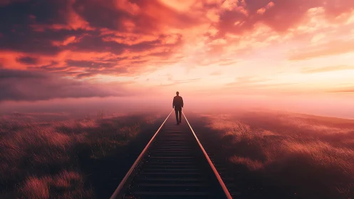Solitary figure on tracks beneath blazing twilight sky.