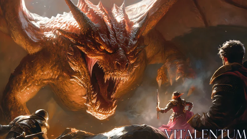 Epic confrontation with fire dragon amid blazing cavern.