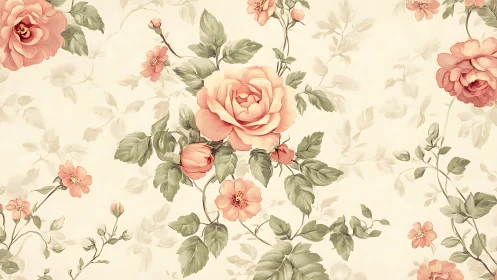 Blushing rose garden unfurls across vintage cream canvas.