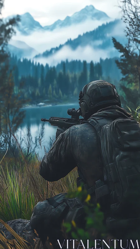 Tactical sniper watches a misty alpine lake at dawn in silence