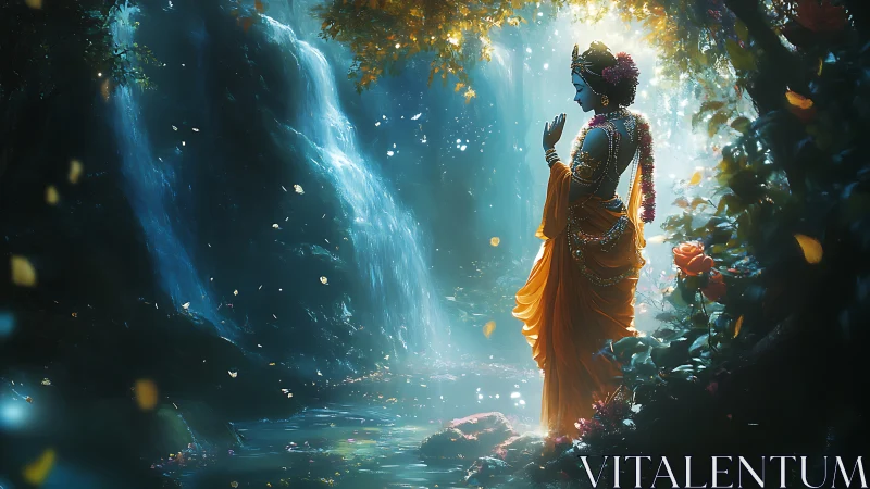 Divine figure in orange robe by glowing forest waterfall.