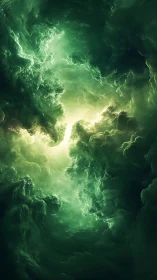 Emerald storm clouds frame luminous cosmic gateway.