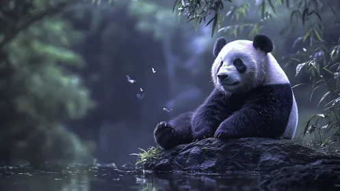 Serene panda resting by reflective forest water at dusk.